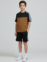 Ads Summer T Shirt & Short Suit For Kids-Golden with Black & White, Navy Stripe-BE3276/BR15714