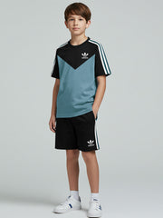 Ads Summer T Shirt & Short Suit For Kids-Bond Blue with Black & White, Green Stripe-BE3292/BR15730