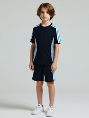 Summer T Shirt & Short Suit For Kids-Navy with Sky & Navy, White Stripe-BE3306/BR15744