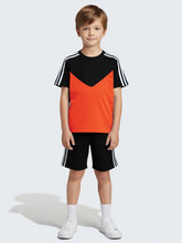 Summer T Shirt & Short Suit For Kids-Orange with Black & White,Navy Stripe-BE3308/BR15746