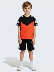 Summer T Shirt & Short Suit For Kids-Orange with Black & White,Navy Stripe-BE3308/BR15746
