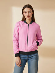 Stylish Zipper Bomber Jacket For Ladies-Pink-SZJ01