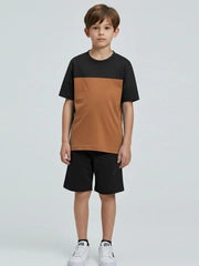 Ads Summer T Shirt & Short Suit For Kids-Black with Dark Camel-BE3283/BR15721