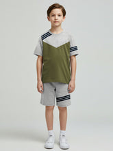 Summer T Shirt & Short Suit For Kids-Olive Green with Grey Melange & Navy Stripe-BE3305/BR15743