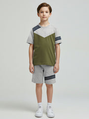 Summer T Shirt & Short Suit For Kids-Olive Green with Grey Melange & Navy Stripe-BE3305/BR15743