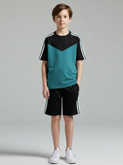 Ads Summer T Shirt & Short Suit For Kids-Prussian Blue with Black & Green, White Stripe-BE3301/BR15739