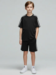 Ads Summer T Shirt & Short Suit For Kids-Black Melange with Stripe-BE3268/BR15705