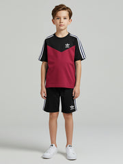 Ads Summer T Shirt & Short Suit For Kids-Magenta Lining with Black & White, Navy Stripe-BE3288/BR15727