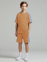 Ads Summer T Shirt & Short Suit For Kids-Khaki with White & Blue Stripe-BE3275/BR15713