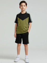 Ads Summer T Shirt & Short Suit For Kids-Light Olive with Black & White, Green Stripe-BE3294/BR15732