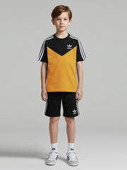 Ads Summer T Shirt & Short Suit For Kids-Black with Yellow & White, Navy Stripe-BE3280/BR15718