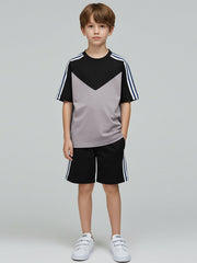 Summer T Shirt & Short Suit For Kids-Chalk Grey & Black with White,Navy Stripe-BE3310/BR15748