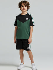 Ads Summer T Shirt & Short Suit For Kids-Forest Green with Black & White, Green Stripe-BE3291/BR15729