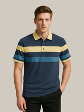 NXT Summer Polo Shirt For Men-Navy Melange with Sky & Yellow Stripe-BE754/BR13001