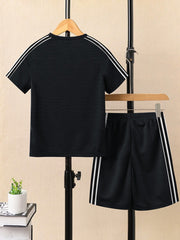 Ads Summer T Shirt & Short Suit For Kids-Black Melange with Stripe-BE3268/BR15705