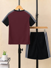 Ads Summer T Shirt & Short Suit For Kids-Black with Burgundy & White, Navy Stripe-BE3281/BR15719