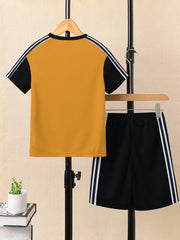 Ads Summer T Shirt & Short Suit For Kids-Black with Yellow & White, Navy Stripe-BE3280/BR15718