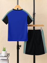 Ads Summer T Shirt & Short Suit For Kids-Blue with Black & White, Green Stripe-BE3295/BR15733