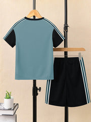 Ads Summer T Shirt & Short Suit For Kids-Bond Blue with Black & White, Green Stripe-BE3292/BR15730