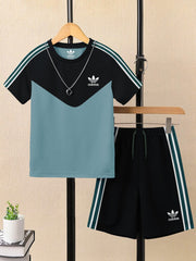 Ads Summer T Shirt & Short Suit For Kids-Bond Blue with Black & White, Green Stripe-BE3292/BR15730