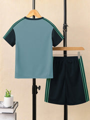 Ads Summer T Shirt & Short Suit For Kids-Bond Blue with Navy & Green Stripe-BE3296/BR15734