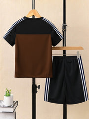 Ads Summer T Shirt & Short Suit For Kids-Brown with Black & White, Navy Stripe-BE3285/BR15723