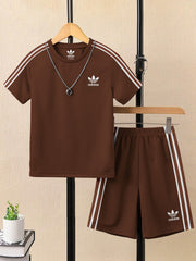 Ads Summer T Shirt & Short Suit For Kids-Dark Brown-BE3267/BR15697