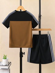 Ads Summer T Shirt & Short Suit For Kids-Golden with Black & White, Navy Stripe-BE3276/BR15714