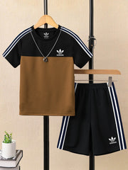 Ads Summer T Shirt & Short Suit For Kids-Golden with Black & White, Navy Stripe-BE3276/BR15714