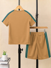 Ads Summer T Shirt & Short Suit For Kids-Khaki with Black & Green Stripe-BE3273/BR15711