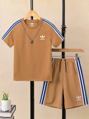 Ads Summer T Shirt & Short Suit For Kids-Khaki with White & Blue Stripe-BE3275/BR15713