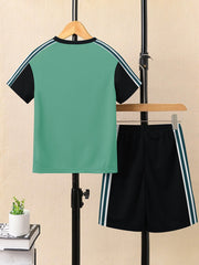 Ads Summer T Shirt & Short Suit For Kids-Mint Green with Black & Green, White Stripe-BE3299/BR15737