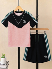 Ads Summer T Shirt & Short Suit For Kids-Pink Melange with Black & Green, White Stripe-BE3300/BR15738