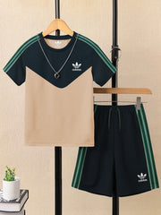 Ads Summer T Shirt & Short Suit For Kids-Skin with Navy & Green Stripe-BE3297/BR15735