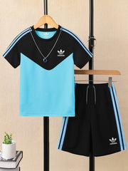 Ads Summer T Shirt & Short Suit For Kids-Sky Blue with Black & Blue, Sky Stripe-BE3302/BR15740