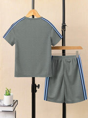 Ads Summer T Shirt & Short Suit For Kids-Slate Green with Texture & Blue, Sky Stripe-BE3304/BR15742