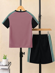 Ads Summer T Shirt & Short Suit For Kids-Tea Pink with Black & White, Green Stripe-BE3293/BR15731