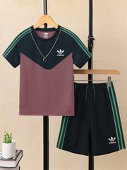Ads Summer T Shirt & Short Suit For Kids-Tea Pink with Navy & Green Stripe-BE3298/BR15736