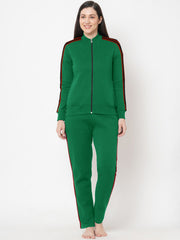 Louis Vicaci Fleece Zipper Tracksuit For Ladies-Green Melange with Black Stripe-BR266