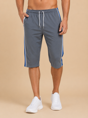 Stylish Knee Length Short For Men-Charcoal Grey With Royal Blue Stripe-A02