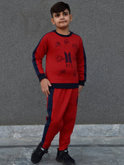 BTS Fleece Tracksuit For Kids-Red with Navy Panels-BR880
