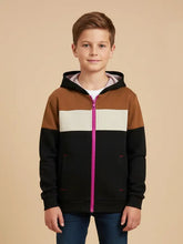 NXT Inner Fur Hood Fleece Full Zipper Hoodie For Kids-Black with Brown & Cream Panels-BE2461/BR14488