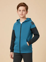 Nyc Polo Fleece Zipper Hoodie For Kids-Cyan Blue with Panels-BE2776