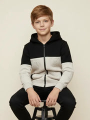 NXT Inner Hood Fur Fleece Full Zipper Hoodie For Kids-Wheat with Black Panels-BE2349/BR14456