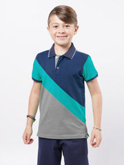 Champion Single Jersey Polo Shirt For Kids-Grey Cyan & Blue-SP1704/RT2414
