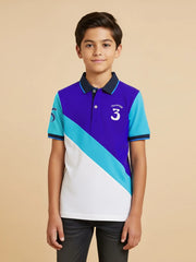 Champion Single Jersey Polo Shirt For Kids-White with Blue & Navy Panels-SP1699/RT2409