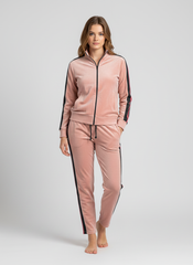 Louis Vicaci Fleece Zipper Tracksuit For Ladies-Peach With Black & Red Stripes-LVTS014