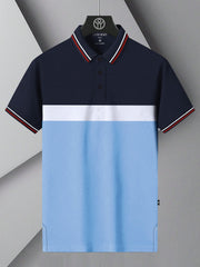 LV Summer Dry Fit Polo Shirt For Men-Navy with Sky & White Stripe-BE1697/BR13912
