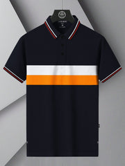 LV Summer Dry Fit Polo Shirt For Men-Navy with White & Orange Panels-BE1741/BR13922