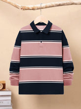 Louis Vicaci Long Sleeve Polo Shirt For Kids-Dark Navy with Pink Stripe-BE946